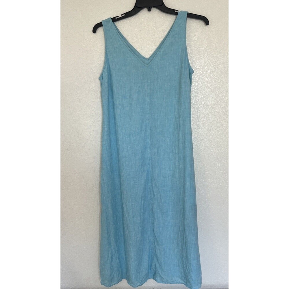 Talbots Linen Sleeveless Maxi Dress 8 Blue V-Neck Summer Coastal Beachy Resort